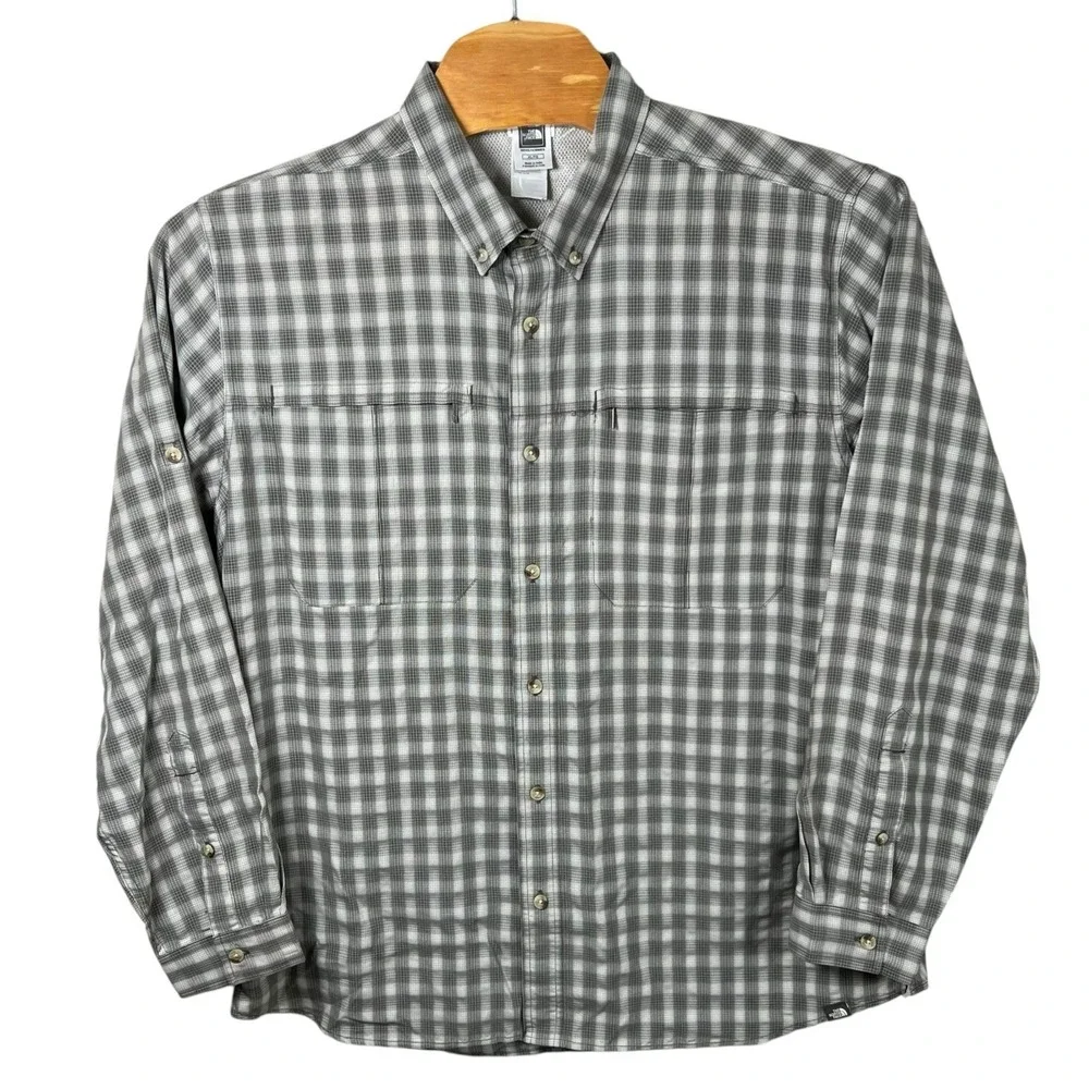 The North Face Mens XL Green Plaid Long Sleeve Button Down Short Zip Pockets